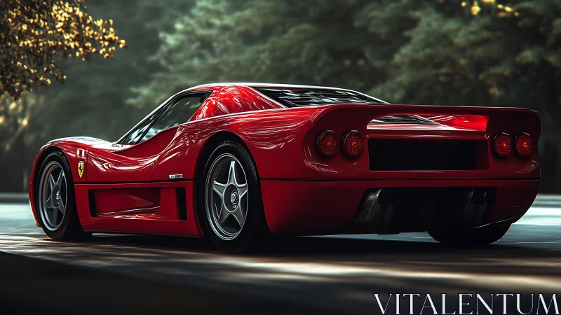 Red midengine supercar glows under soft forest daylight.