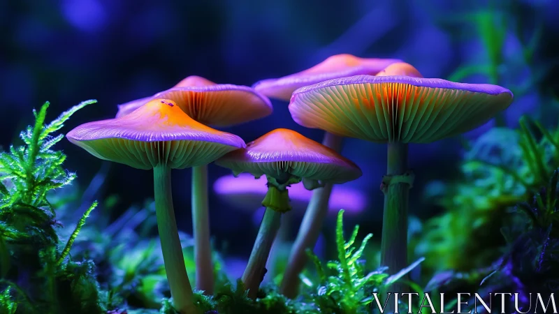 Cluster of illuminated mushrooms in dense forest undergrowth.