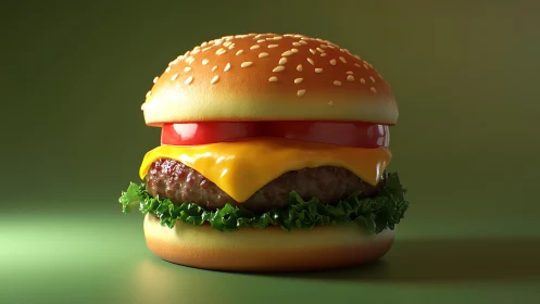Lustrous cheeseburger render under soft studio lighting.