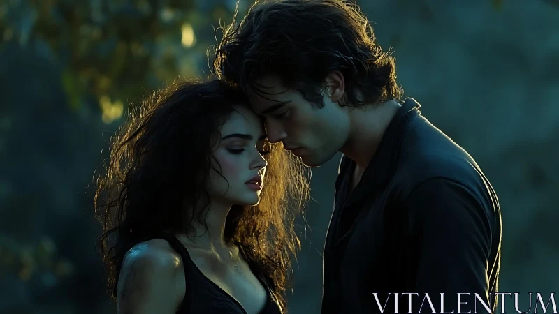 Two figures in golden light against teal background.