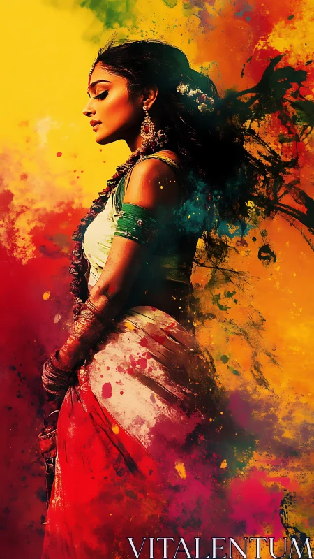 Profile portrait of sari-clad woman in vivid color bursts.