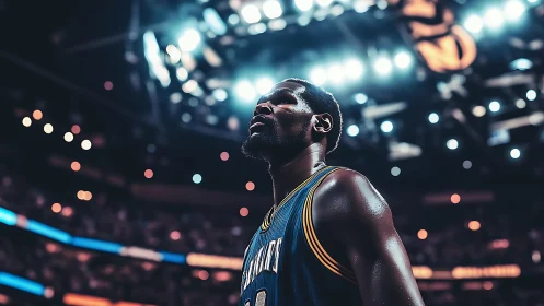 Basketball player under arena lights during intense game.
