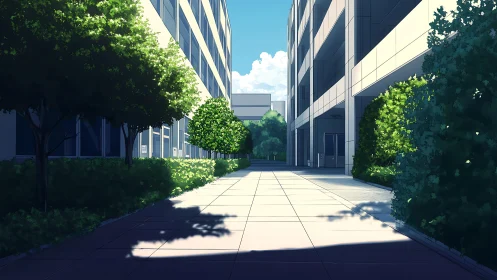 Quiet campus walkway between modern office buildings.