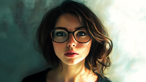 Digital portrait depicts young woman with glasses in soft light