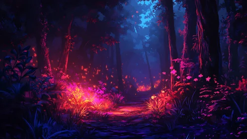 Bioluminescent Forest Path: Neon Illuminated Woodland Corridor