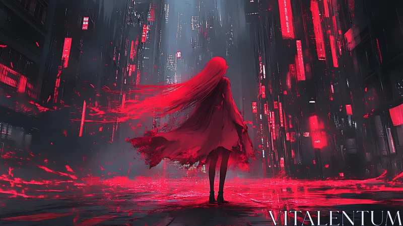 Crimson cloaked wanderer in neon drenched cyber cityscape.