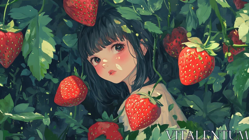 Girl with dark hair among large ripe strawberries.