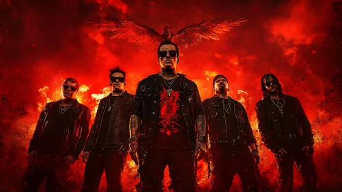 Infernal rock vanguard strides through a storm of scarlet fire.