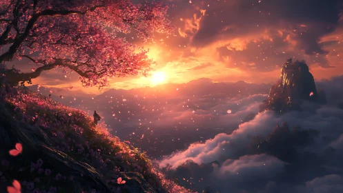 Solitary wanderer observes radiant sunset above cloud sea