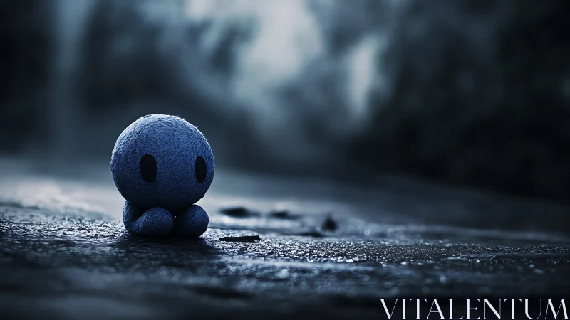 Midnight blue plush wanderer resting on a rainlit road.