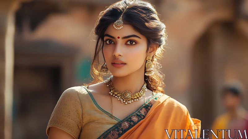Portrait of woman in traditional saree with shallow depth of field