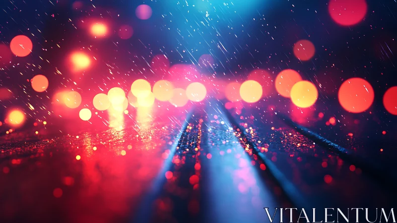 Cyberpunk rain-soaked street with neon bokeh depth of field.