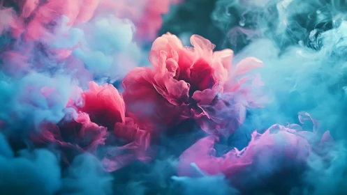 Neon peony clouds bloom through iridescent cyan mist.