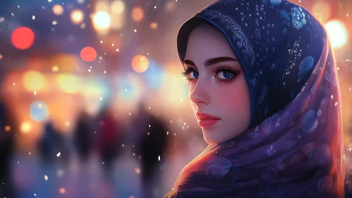 High-bokeh winter street portrait with luminous patterned hijab