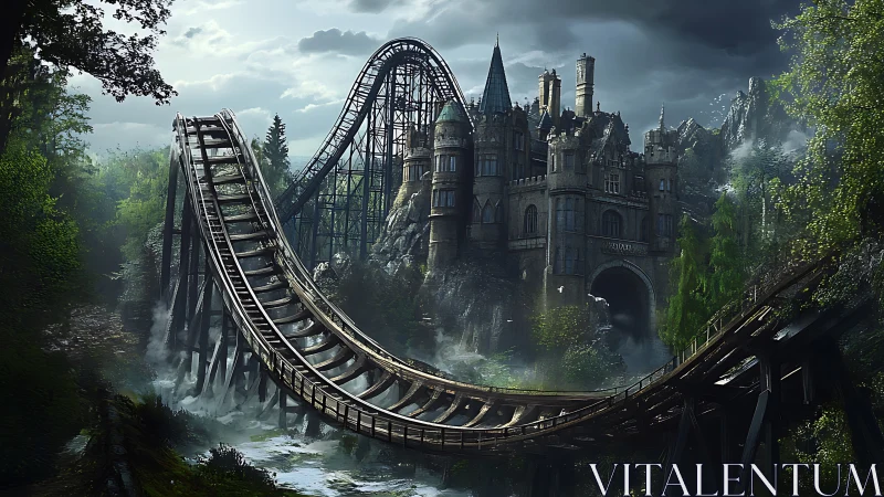 Gothic mountain castle with decayed roller coaster in misty forest