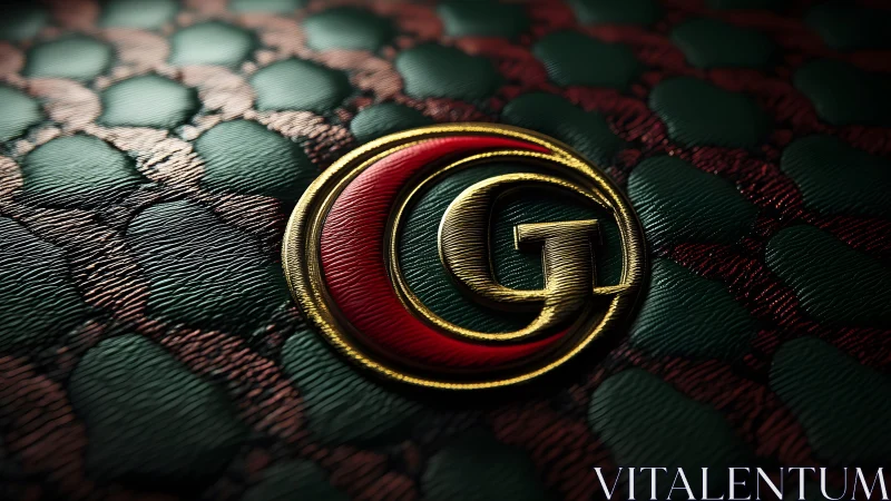 Luxurious Gold and Red Emblem on Textured Green Leather Surface.