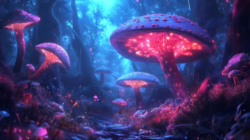 Bioluminescent mushroom forest glows under misty twilight