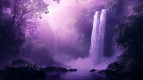 Dreamy violet waterfall oasis wrapped in soft forest light.