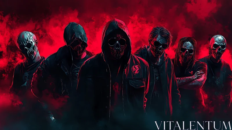 Hooded skull gang in neon red cinematic digital haze.