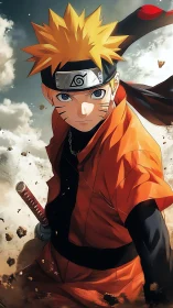 Anime ninja hero charges forward through swirling debris