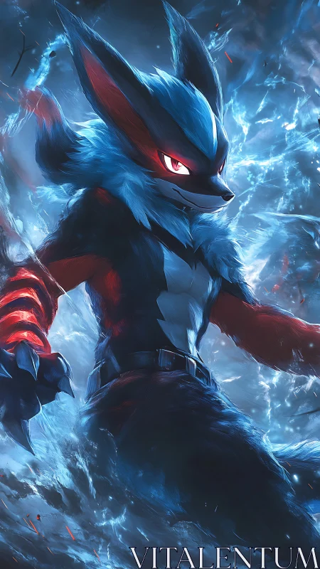 Anthropomorphic wolf-like figure in blue energy field.