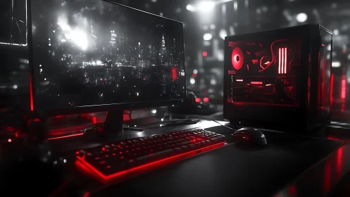 Custom red-lit gaming PC glows in a moody cyber workspace