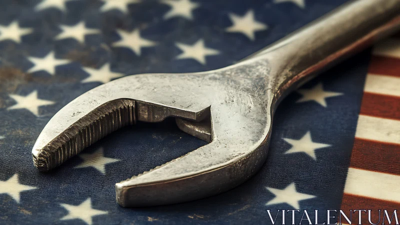 Metal wrench lying on worn American flag background.