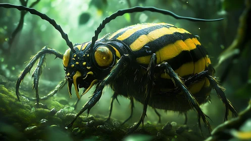 Striped forest beetle rendered in detailed 3D realism.
