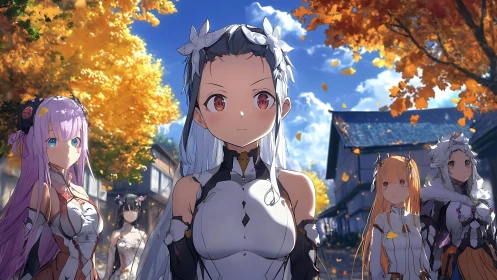 Group of fantasy girls in detailed outfits on autumn street.