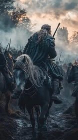 Warrior on horseback leading medieval army through mist.
