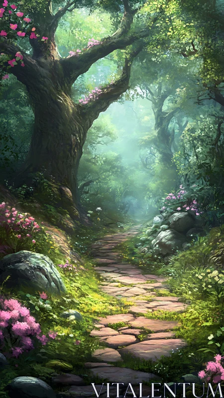 Luminous Forest Gateway: Where Ancient Trees Frame Mystical Light.