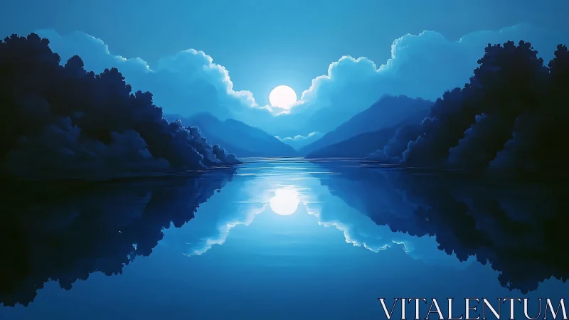 Moonlit lake mirroring soft clouds and quiet blue hills.