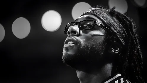Portrait of contemplative athlete under bright arena lights