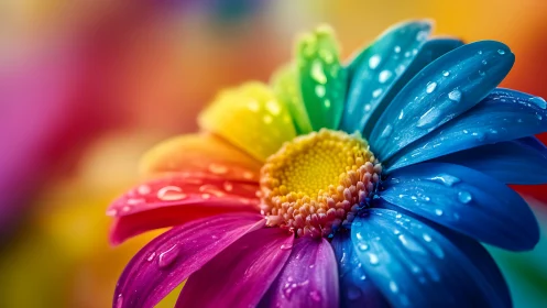 Rainbow daisy macro bursts with saturated dewy color spectrum.