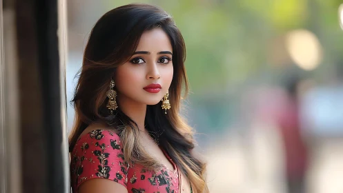 Portrait of woman in traditional attire outdoors. Period.