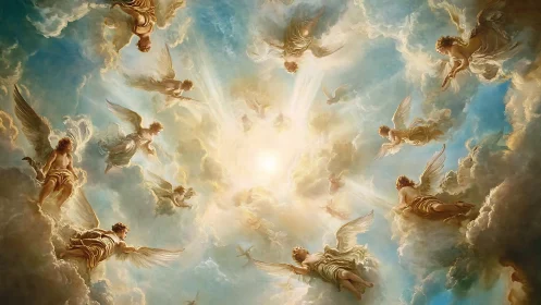 Celestial figures arranged in concentric formation around light.