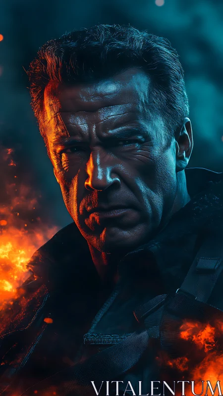 Hardened soldier portrait amid blue shadows and flames.