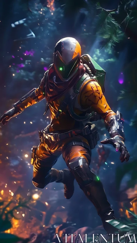 Starlit ranger exploring a glowing cyber forest at night.