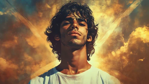 Backlit male portrait framed by luminous, diagonally streaked clouds