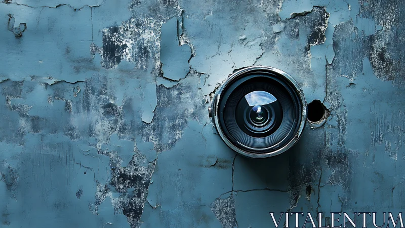 Camera lens set in weathered blue wall with peeling paint.