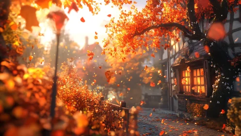 Autumn village street rendered with warm volumetric lighting and bokeh