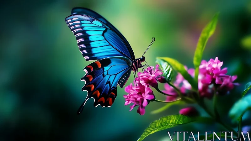 Iridescent blue butterfly with macro floral bokeh background.