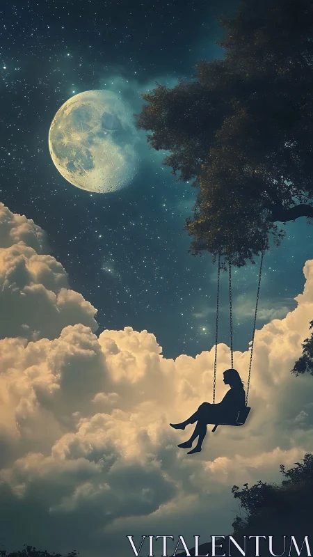 Surreal moonlit sky scene with silhouetted girl on swing composition.