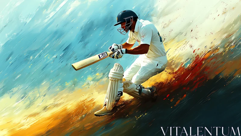 Cricket batsman carves a blazing stroke through painted sky