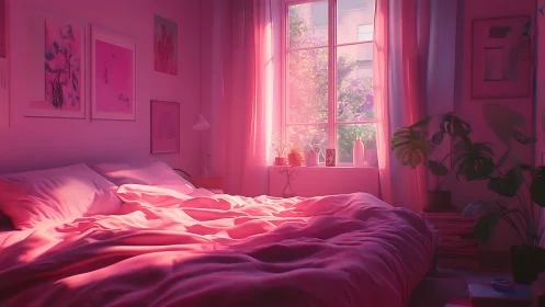 Sunlit pink bedroom interior glows through large window