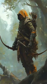 Hooded forest ranger poised with bow in misted woodland.