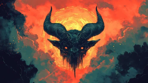 Demonic horned skull emerging before molten solar vortex.