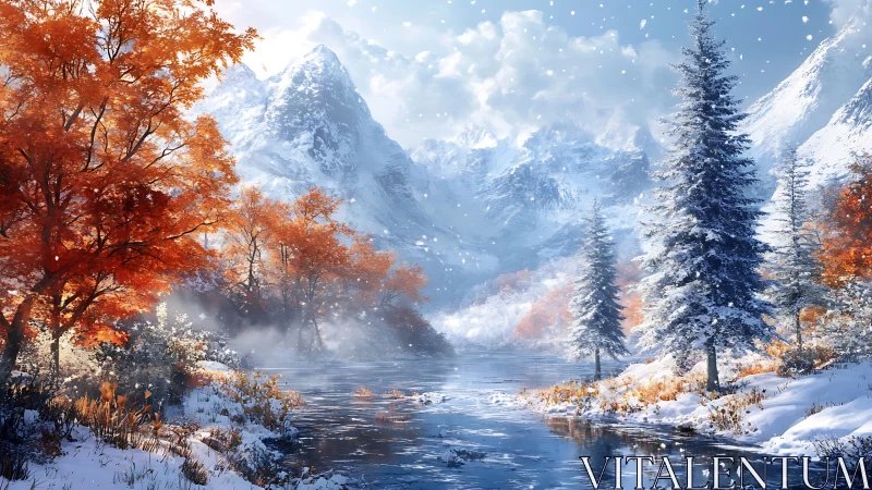 High-detail alpine river valley with early snowfall and autumn foliage