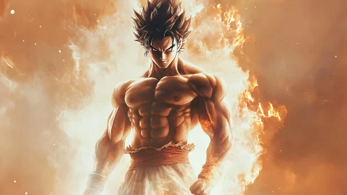 Fiery anime warrior rising from a storm of glowing embers.