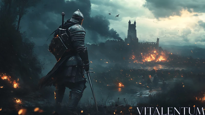 Armored lone knight beholds a burning storm-lashed citadel.